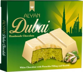 Dubai Handmade Chocolate, czekolada dubajska biała z kremem pistacjowym i ciastem kataifi 100g - Alyan