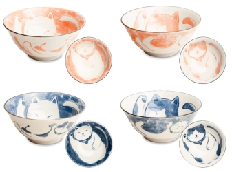 Zestaw 4 japońskich misek różowa i niebieska, Neko Nishiki 14,5 cm x 6,5 cm - Emro