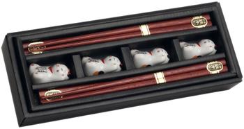 Zestaw Maneki Neko, pałeczki z ciemnego drewna z podstawkami 22,5cm - 4 pary