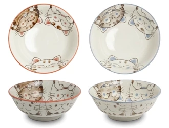 Zestaw 2 japońskich misek do ramenu, udonu różowa i niebieska, trzy kotki, okrągłe 15 x 7 cm - Emro