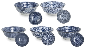 Zestaw dużych misek do ramenu/udonu w niebieskie wzory, 5 elementów
