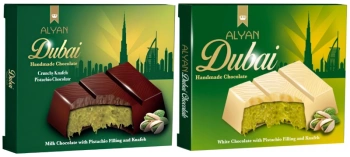 Zestaw 2x Dubai Handmade Chocolate, czekolady w stylu dubajskim z pistacjami i ciastem kataifi, mleczna i biała 100g Alyan