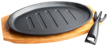 Żeliwny hot plate 27,5cm - owalny gorący talerz z drewnianą podstawką - Emro Aziatica