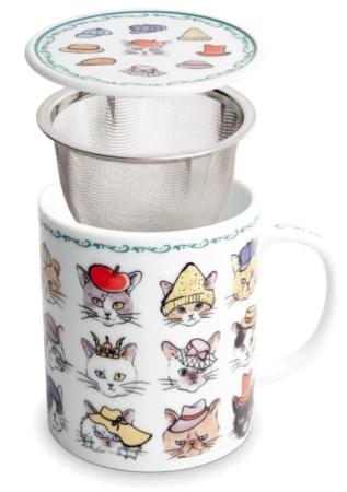 Kubek z filtrem do herbaty i pokrywką Kapeluszowe Kotki 300ml - Jewel Japan